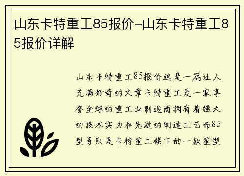 山东卡特重工85报价-山东卡特重工85报价详解